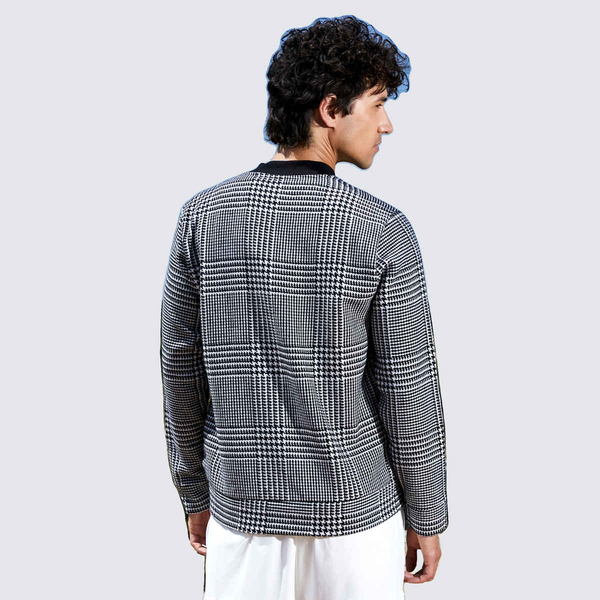 Campus Sutra Men's Zip-Front Houndstooth Jacket | Black & White - L