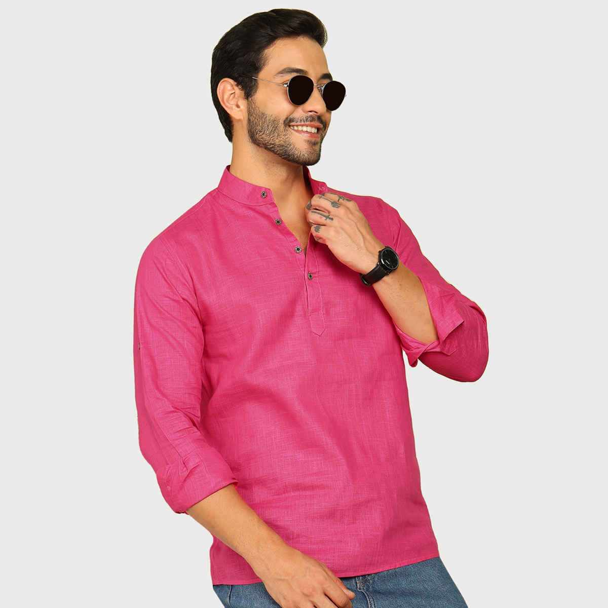 Allan Peter Men's Solid Short Kurta | Pink - XL