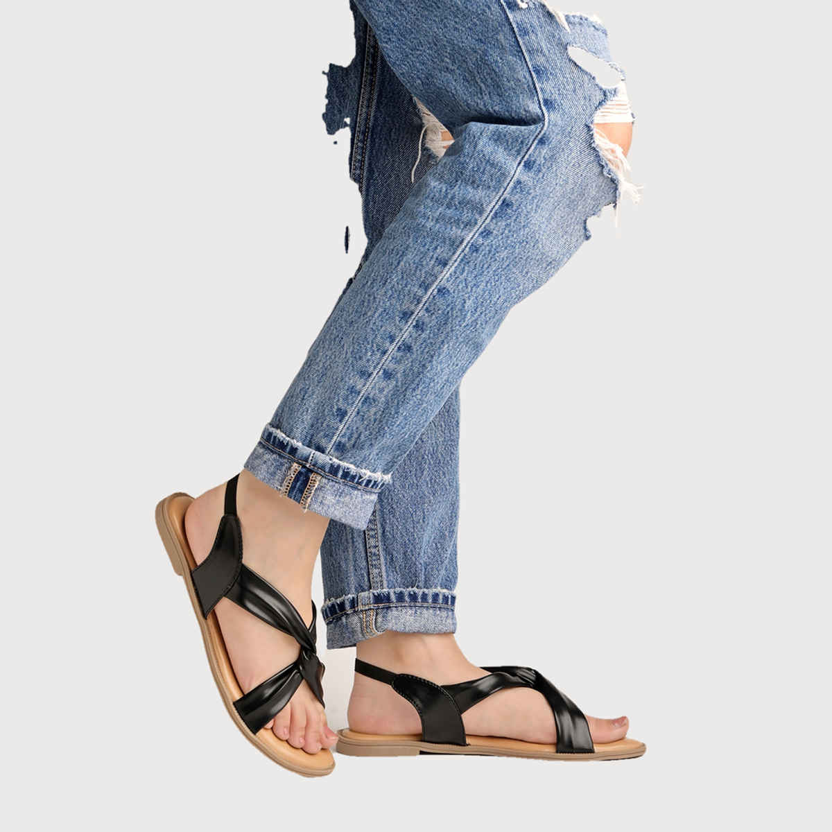 Shoetopia Cross Strap Black Flat Sandals For Women | UK 9