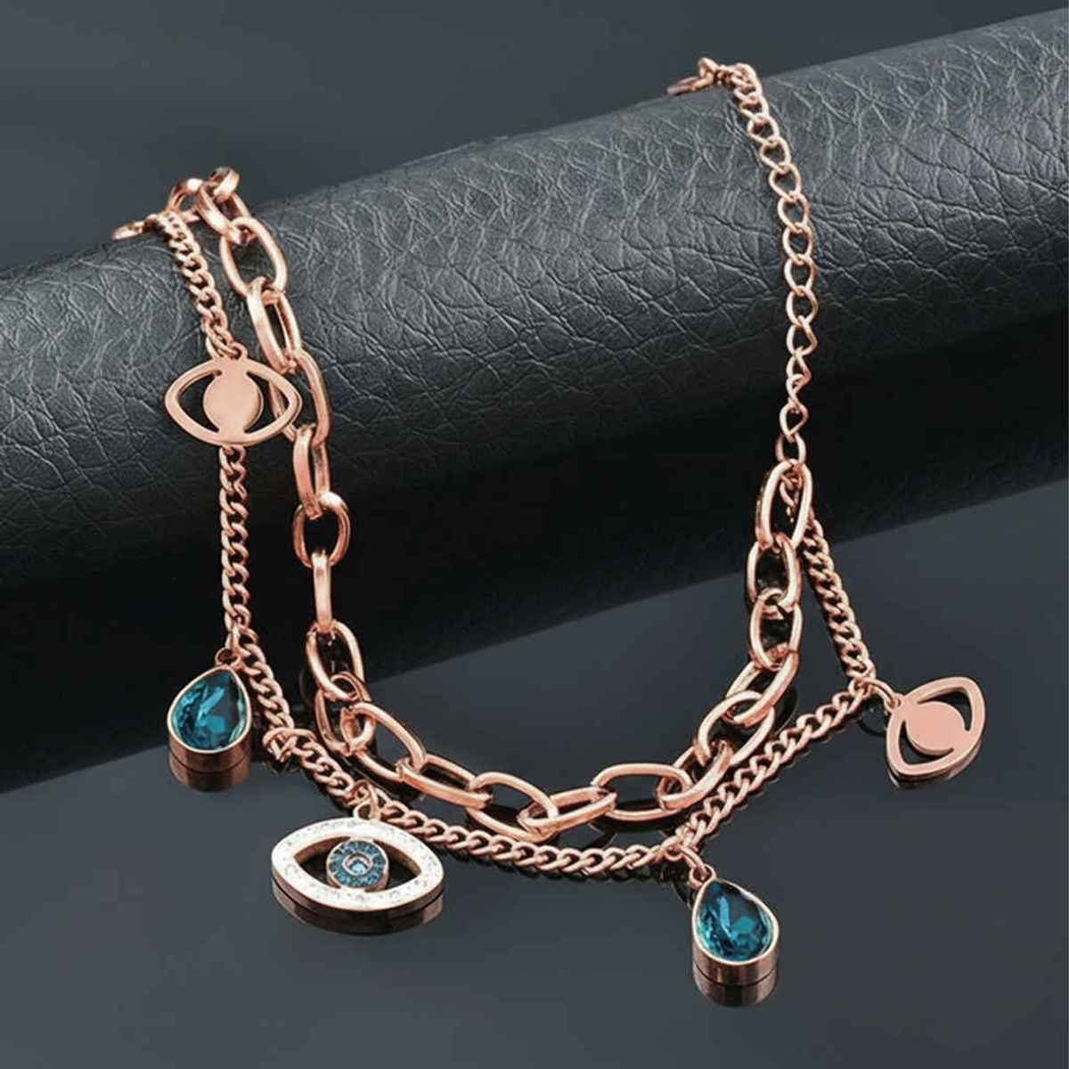 Designs & You Stainless Steel Rose Gold Plated Evil Eye Wraparound Bracelet