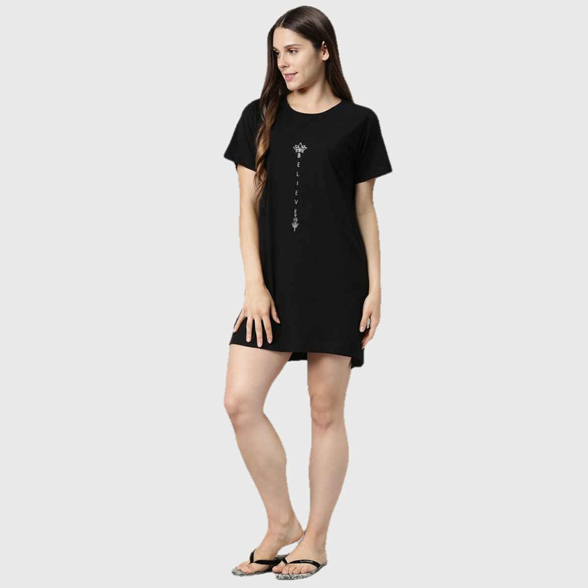 Enamor Women's E061 Crew Neck Cotton Tunic Tee|Side Slits | Jet Black W/Believe-M