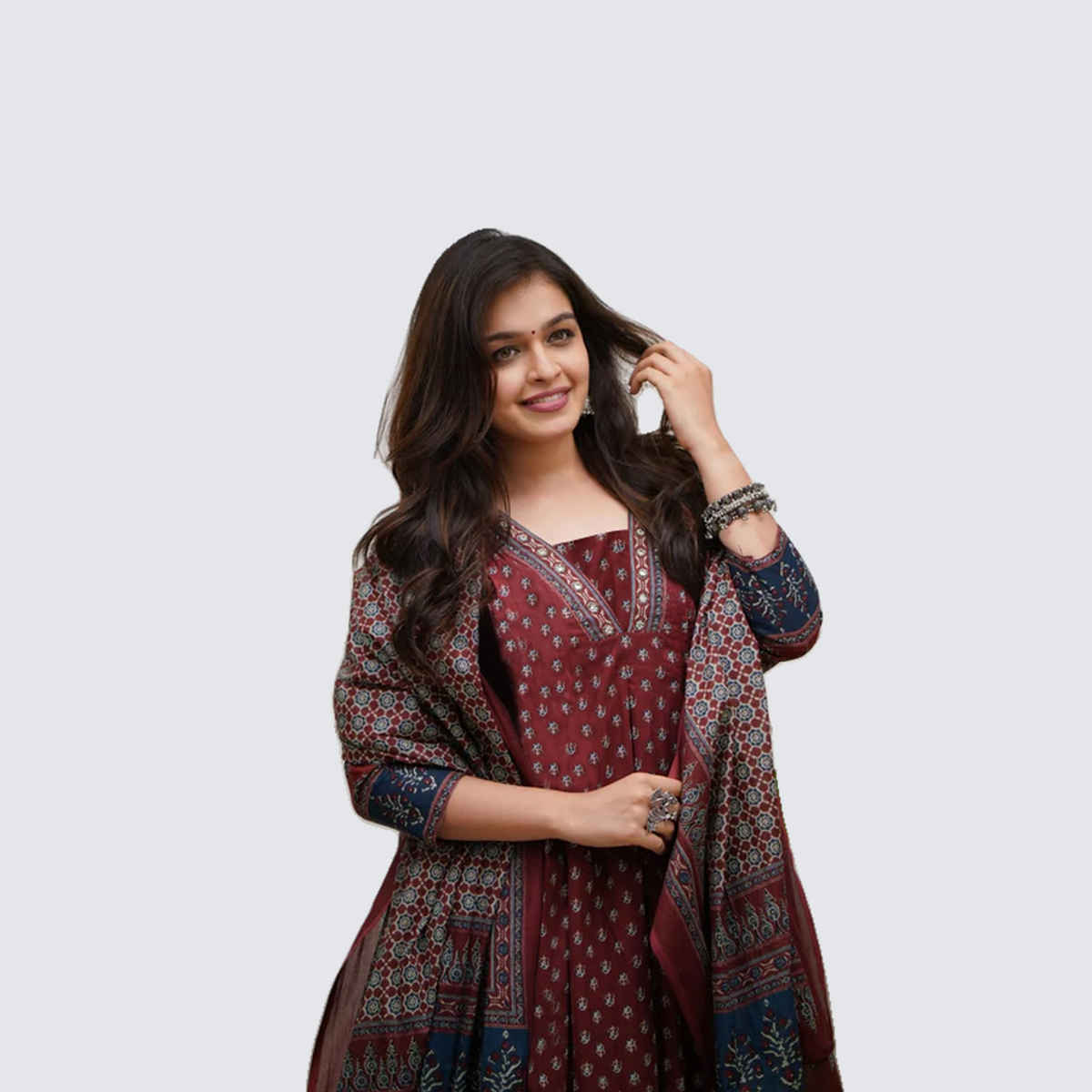 GoSriKi Women's Viscose Rayon Anarkali Printed Kurta with Pant & Dupatta | NAKULA | Wine - S