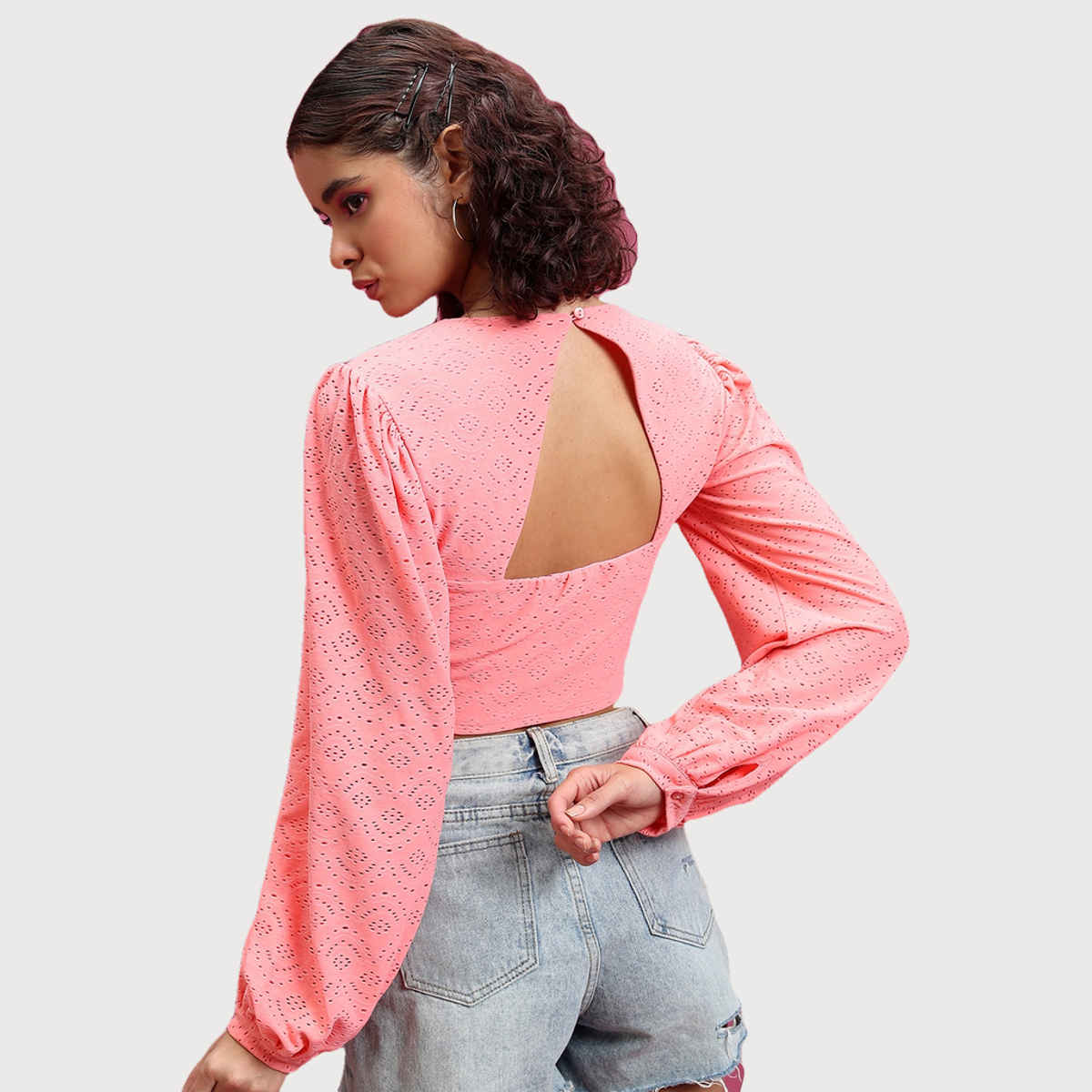 Ketch Women's Self Design Round Neck Bishop Sleeves Blouson Crop Top | Pink - XL