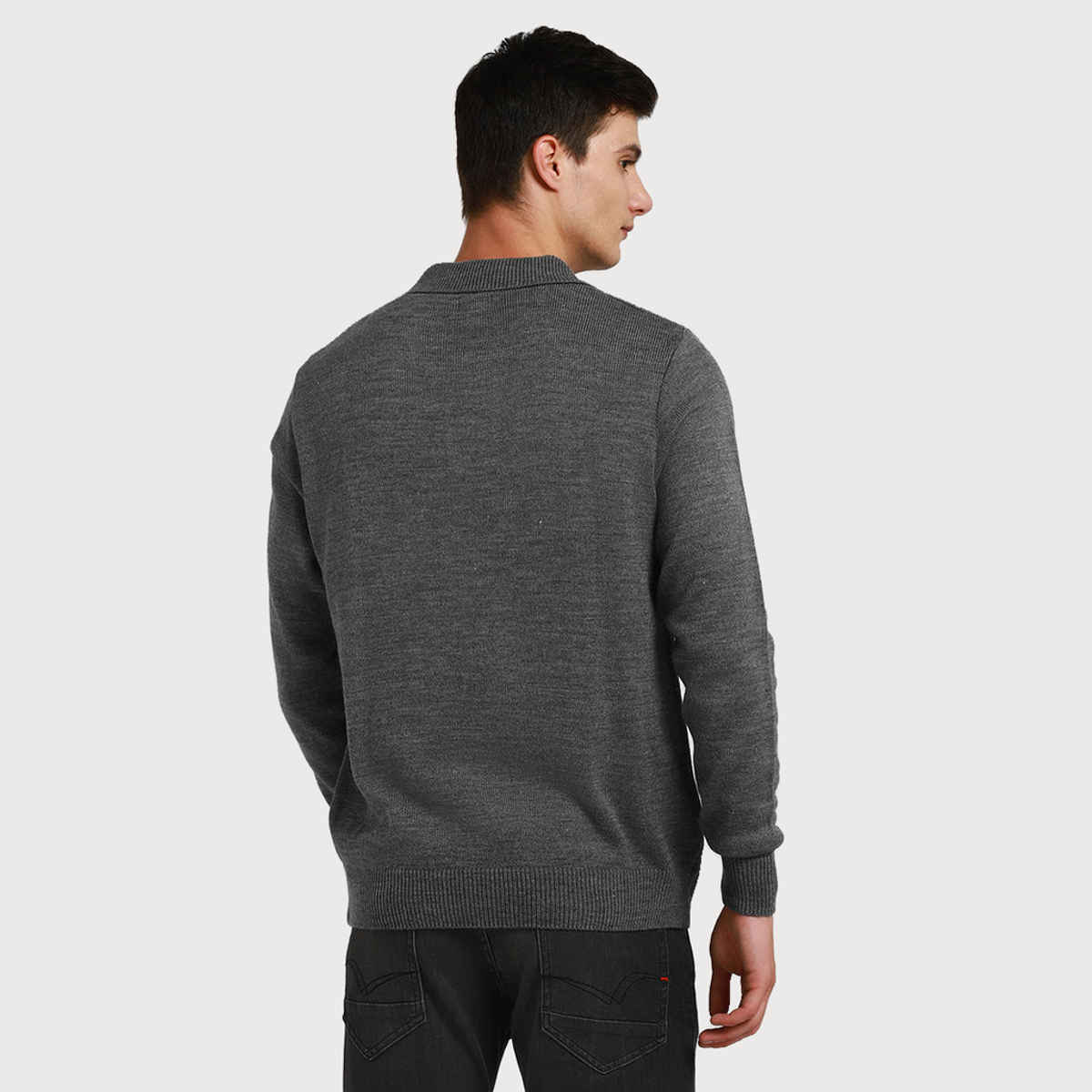 Dennis Lingo Men's Collar Regular Fit Solid Sweater | Mid Grey Melange | S