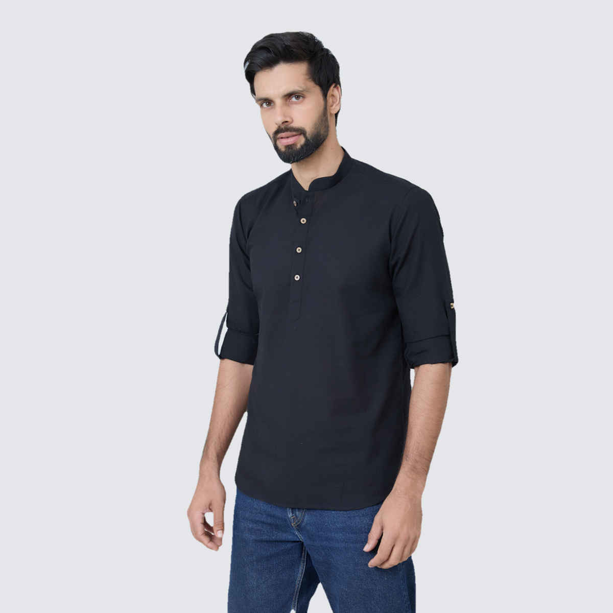 See Designs Men's Pure Cotton Slub Short Kurta | Black - S