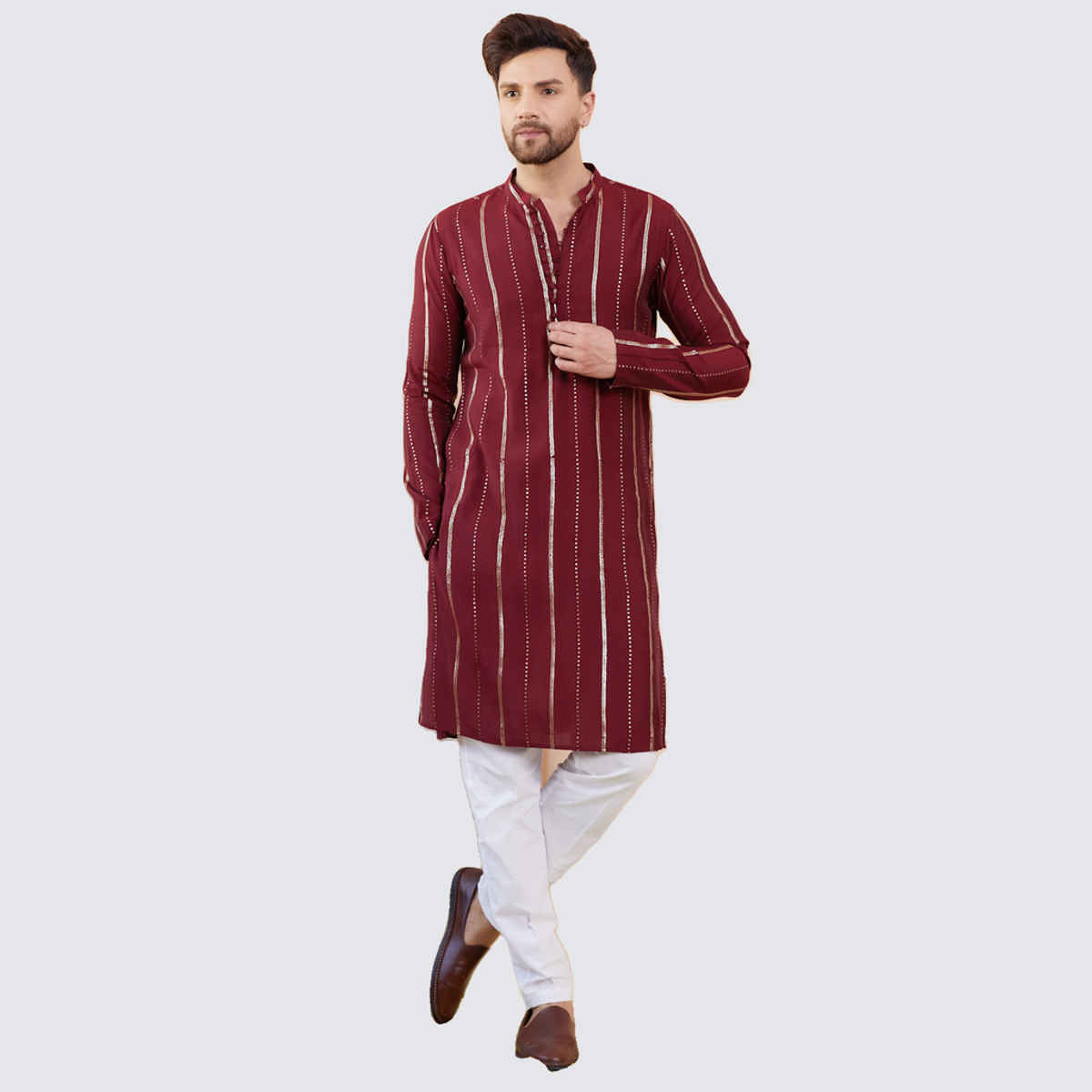 See Designs Men's Chanderi Silk Sequins Kurta | Burgundy and Gold - S