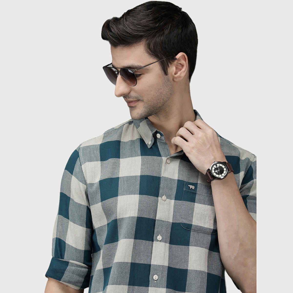 The Bear House Men Pure Cotton Checked Slim Fit Flannel Shirt Style-Juul Color -Teal Size - M