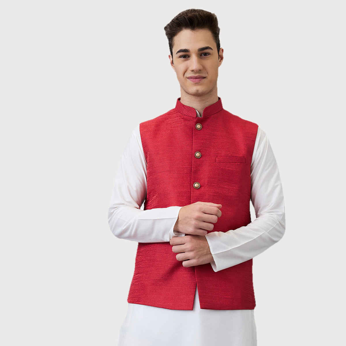 Ethnix by Raymond Men's Regular Fit Pure Polyester Structure Stand Collar Bundi | Medium Red - 2XL