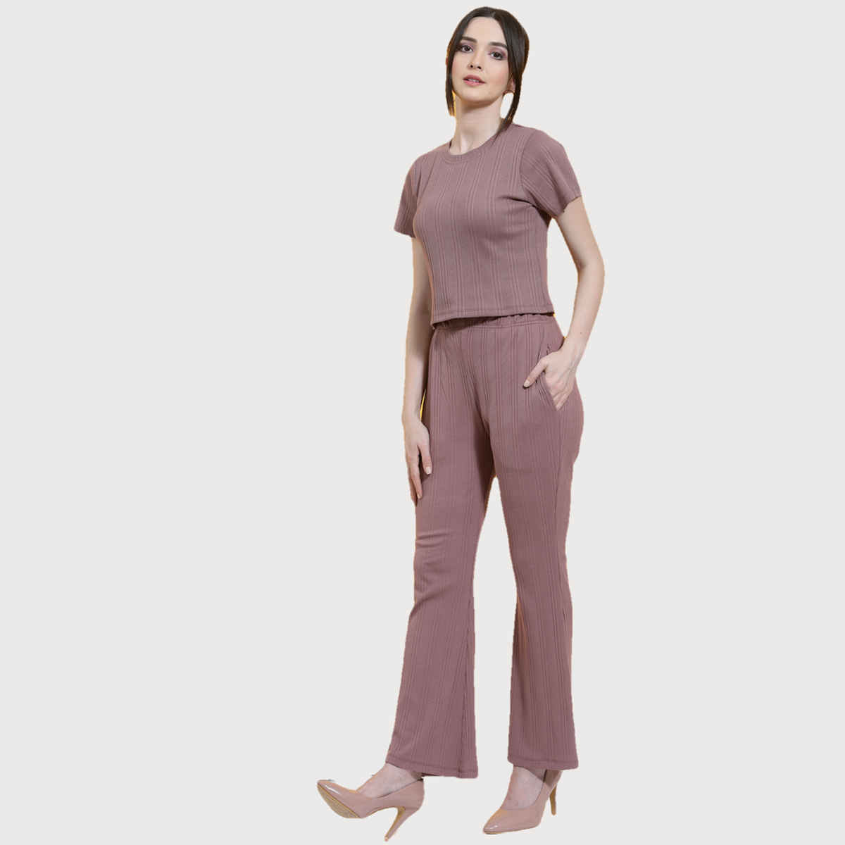 Rigo Women Drop Needle Rib Knit Co-ord Set | Mauve - S