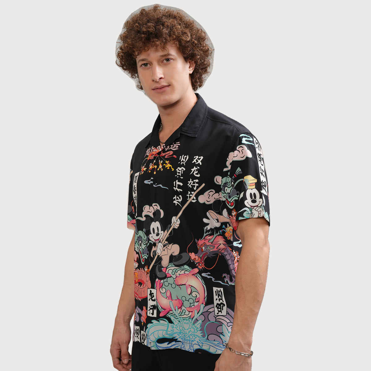 Highlander Disney Men's Mickey Printed Cuban Collar Relaxed Shirt | Black - L