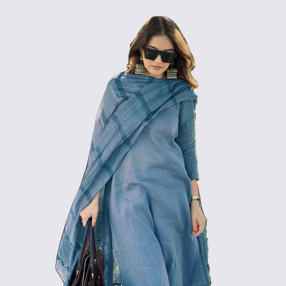 GoSriKi Women's Viscose Rayon Straight Solid Kurta with Pant & Dupatta | RAJA SAAB | Blue - M