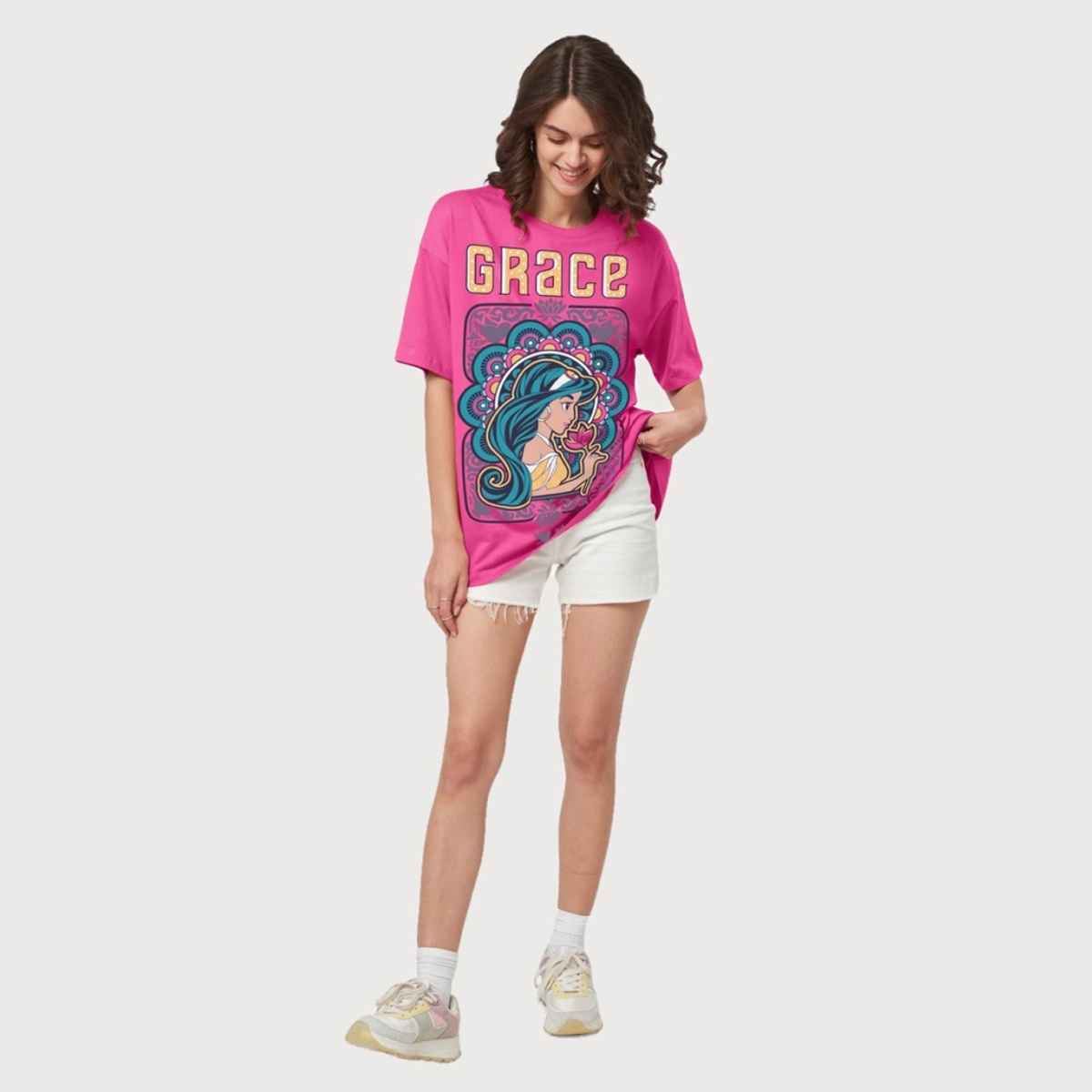 The Souled Store Women's Aladin Her Grace Oversized T-shirt | Pink - L