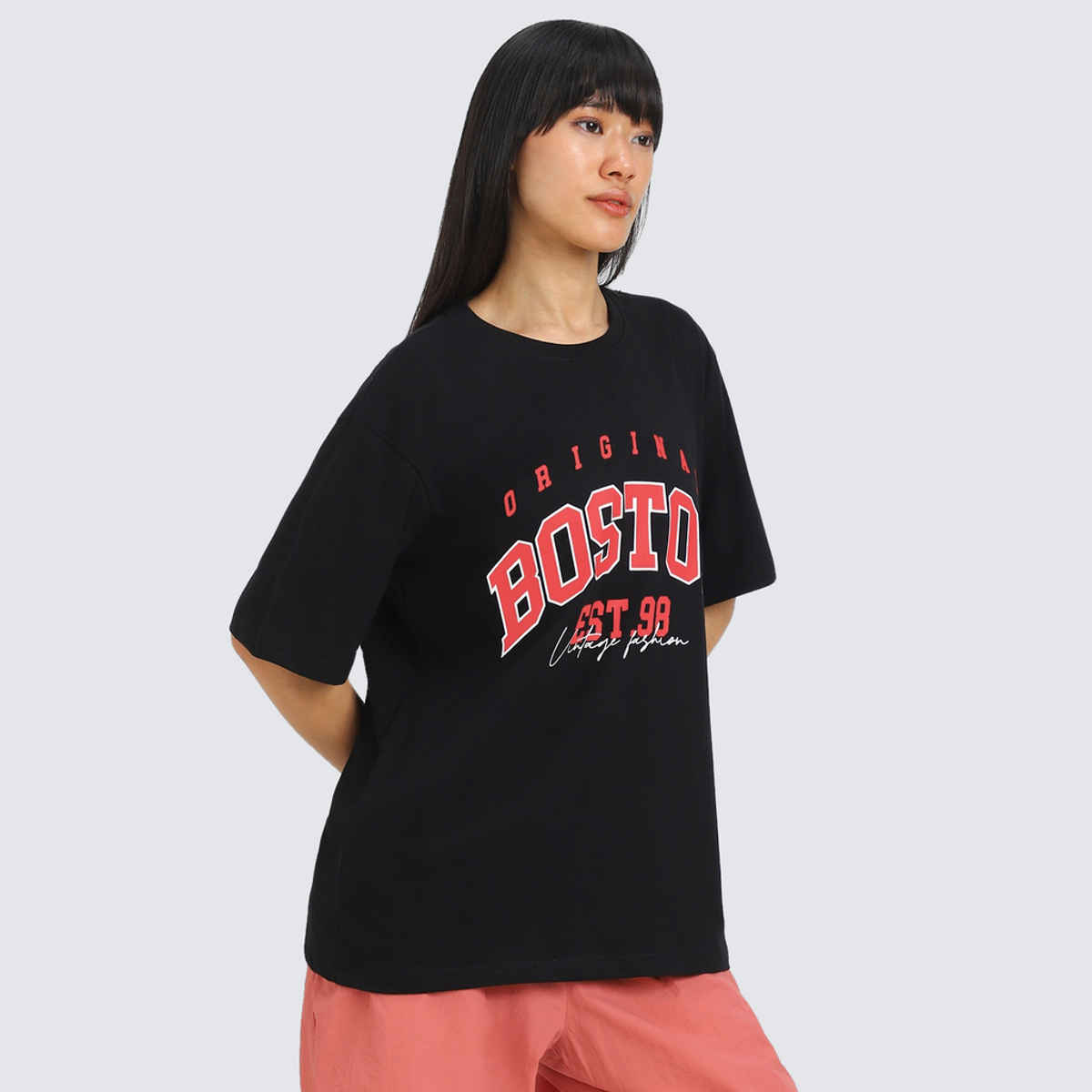 Juneberry Black Print Typography Oversized fit Tshirt for Women - L