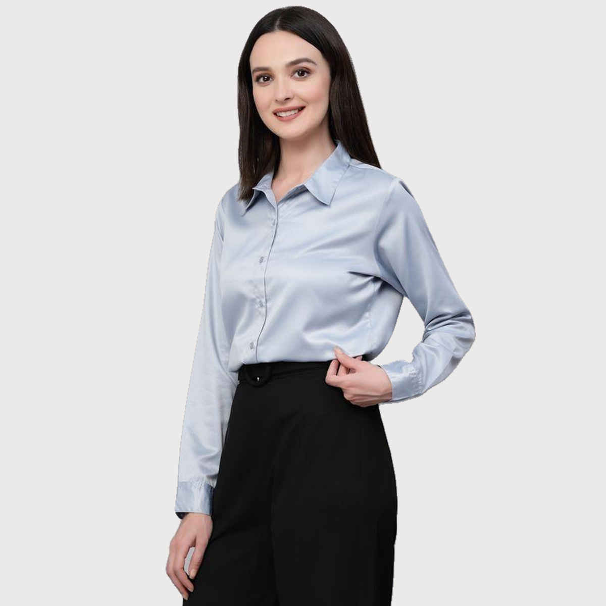 Style Quotient Women Solid Light Grey Satin Formal Shirt-M