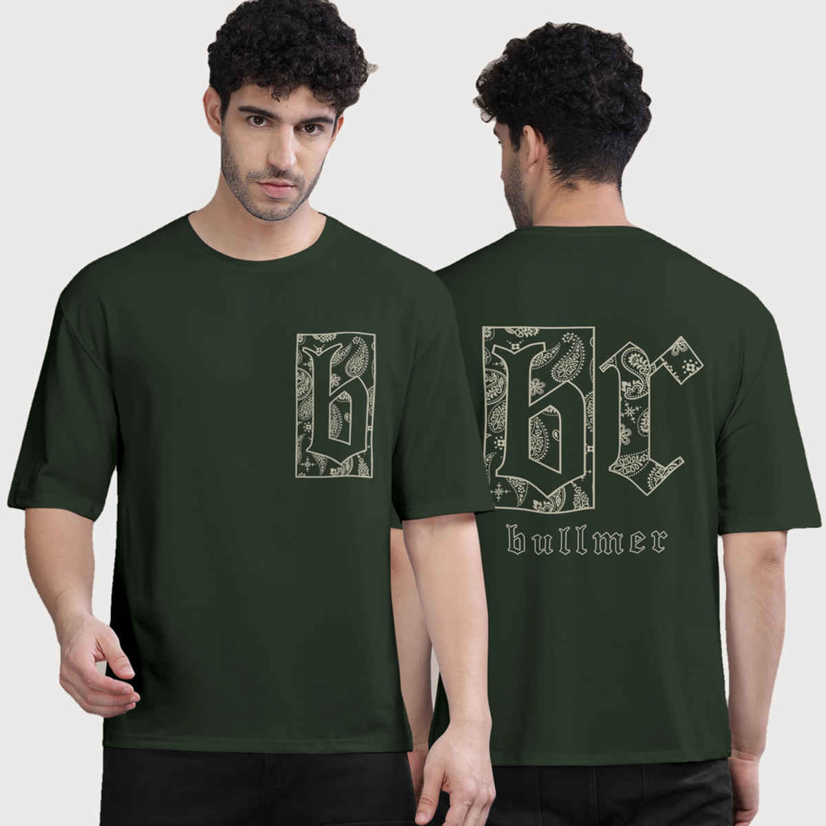 Bullmer Men's Oversized T-shirt Front and Back Printed | Olive | L
