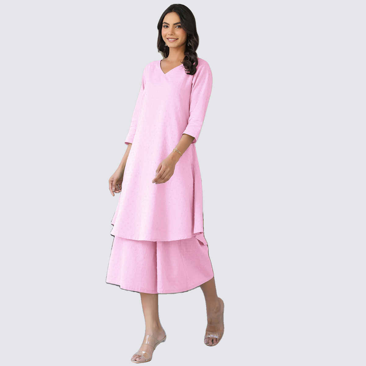 Janasya Women's Pure Cotton Self Design A-line Kurta With Culotte Pant Set | Pink Dobby - XS