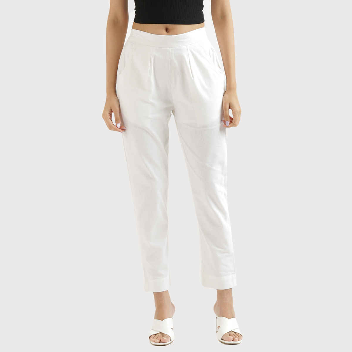 Saadaa Women's Cotton Regular Slim Fit Trouser | White - M