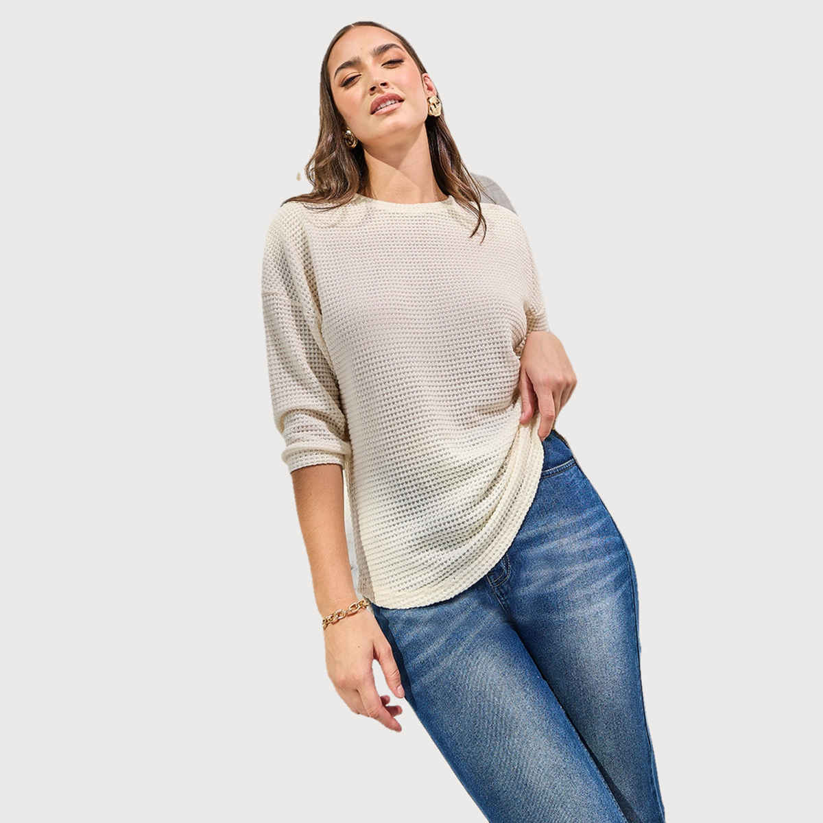 Styli Women's Oversized Solid Textured Curved Hem T-shirt | Beige - M