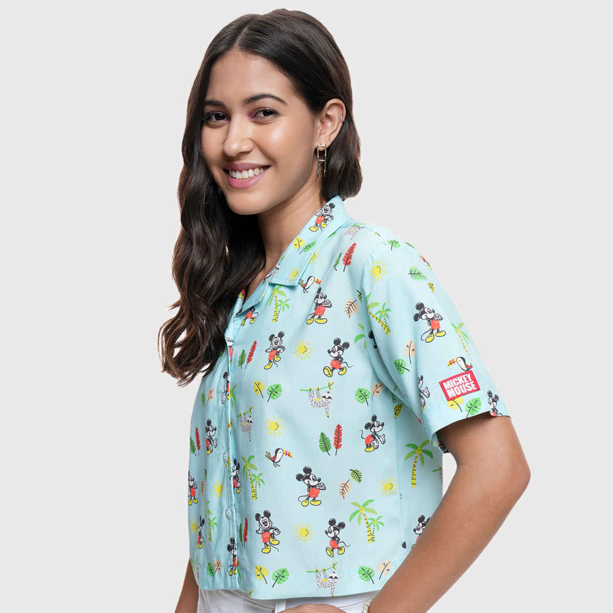 Tokyo Talkies Women's Mickey Print Cuban Collar Boxy Fit Crop Shirt | Blue Multi - XL