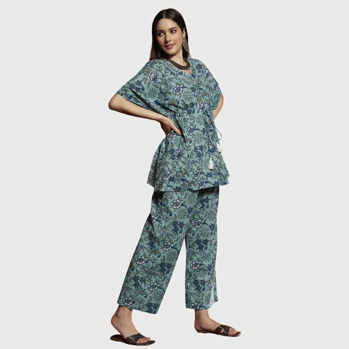 Bandia Women's Stripe Printed Kaftan Trouser Co-Ord Set | BANCS0117 | Blue and White | S