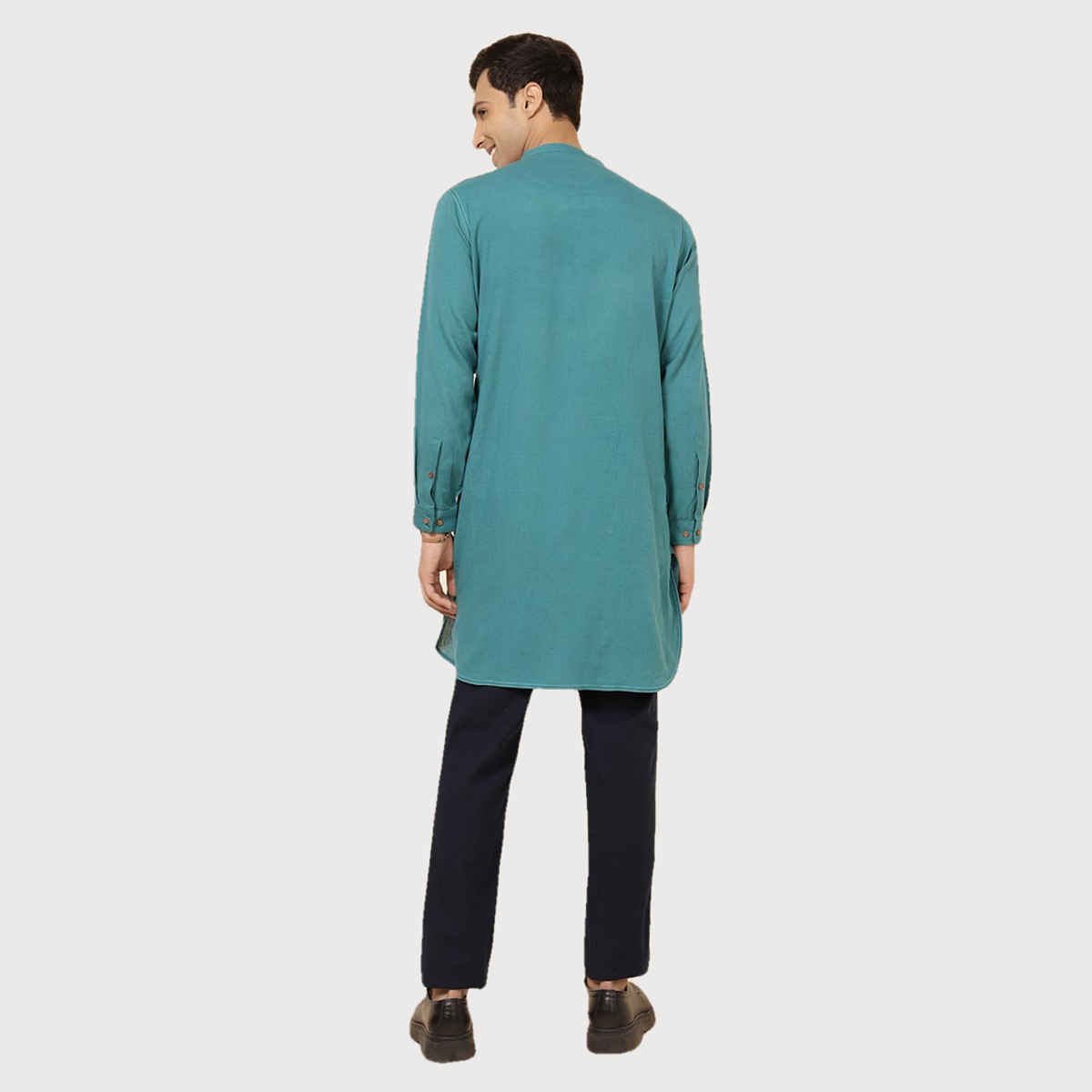 Fabindia Men's Long Kurta Cotton Blend Slim Fit | Teal - S