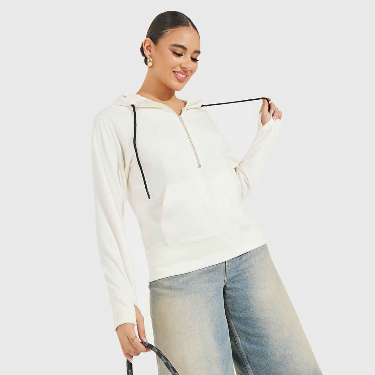 Styli Women's Regular Length Regular Fit- Half Zipper Sweatshirt Hoodie | Off White - L