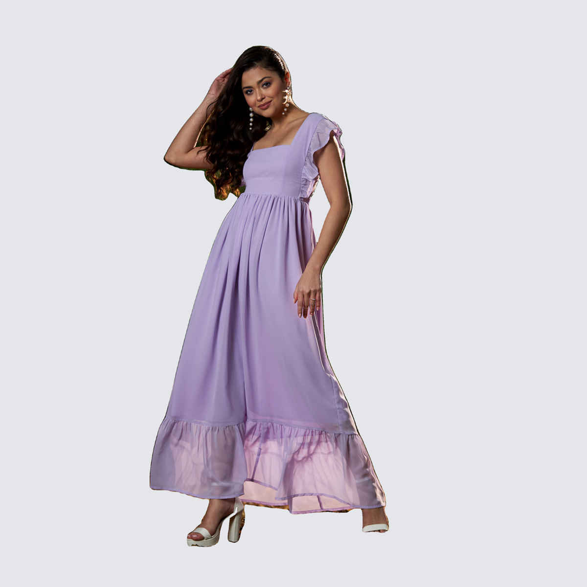 SASSAFRAS Women's Square Neck Frill Hem Maxi Dress | Lavender - S