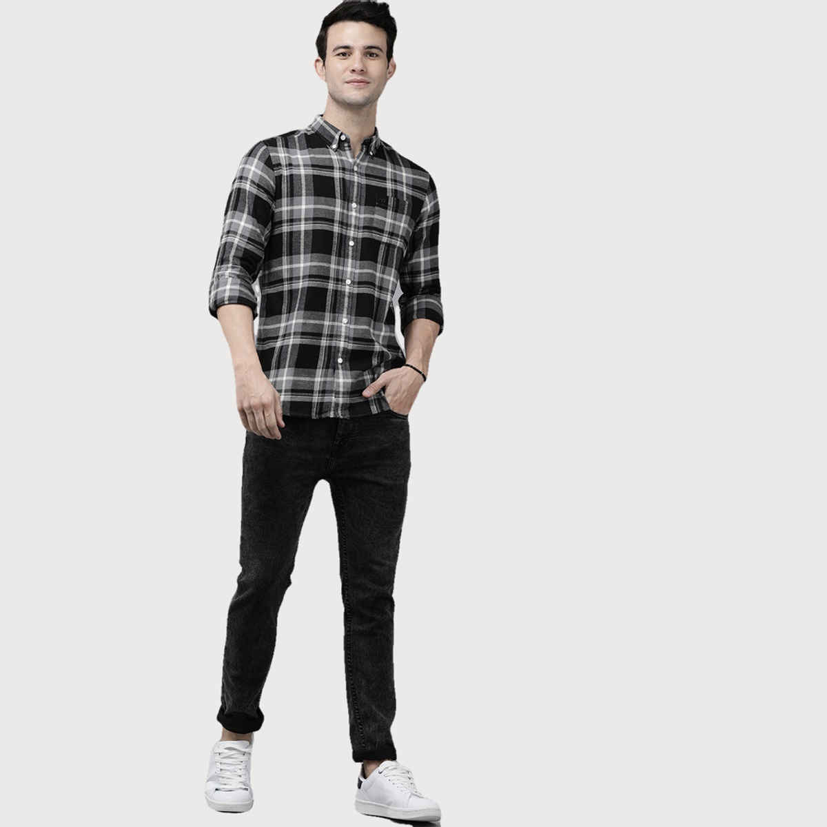 The Bear House Men Slim Fit Checked Shirt - Repos | Grey | M