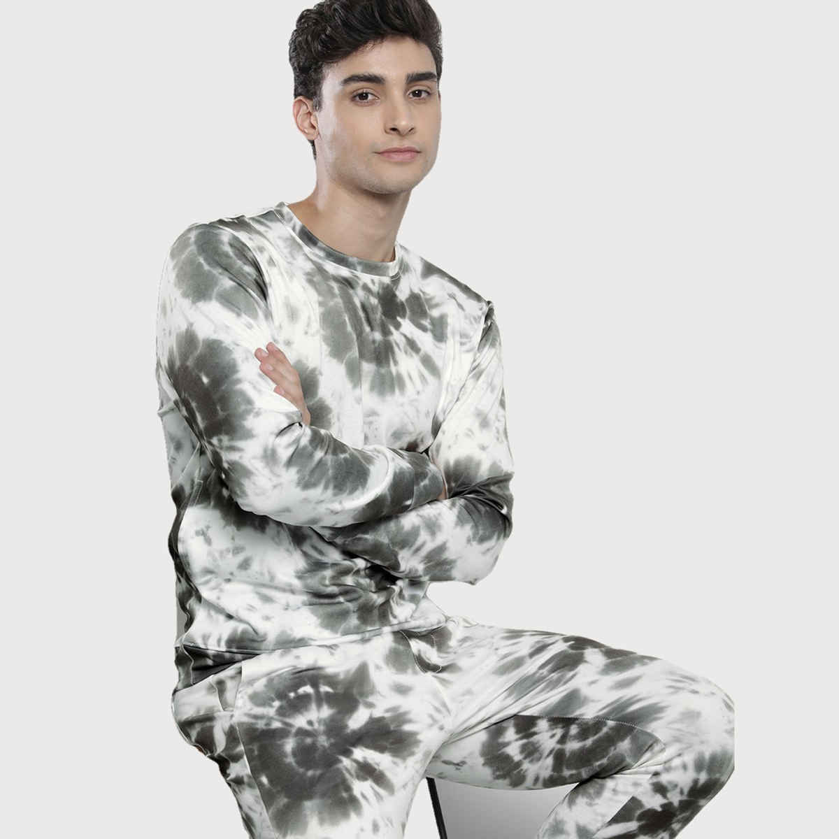 The Indian Garage Co Men | Regular Fit Tie N Dye Casual Crew Neck Sweatshirt & Jogger | Dark Grey|XL