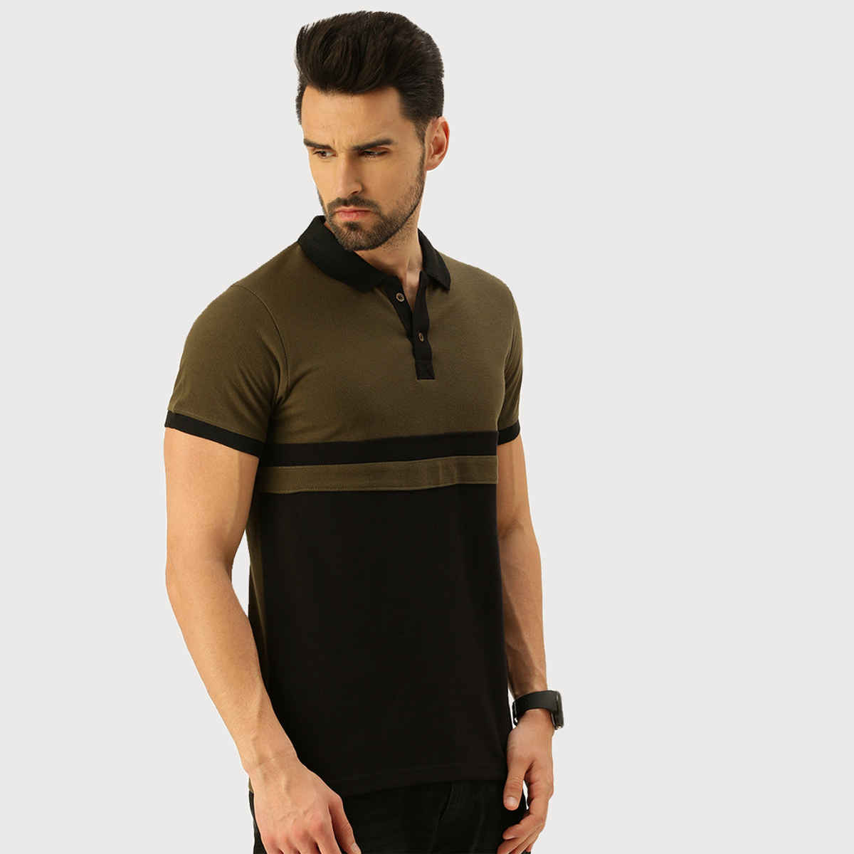 VEIRDO Men's Colorblock Regular Polo T-Shirt | P-22 BLK OLIVE | Olive - S