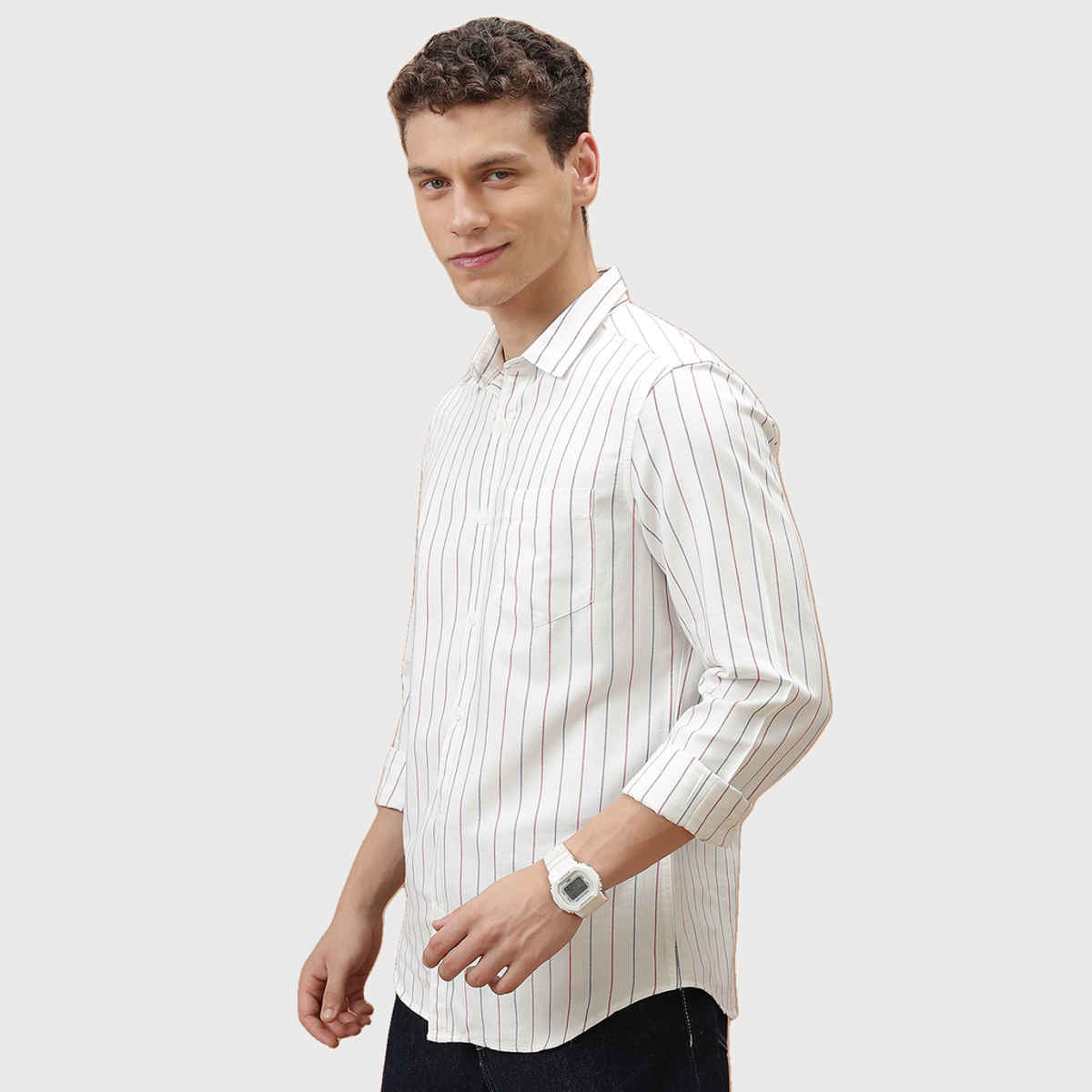 HIGHLANDER Men's Striped Slim Fit Opaque Cotton Casual Shirt | White, Blue and Red - S