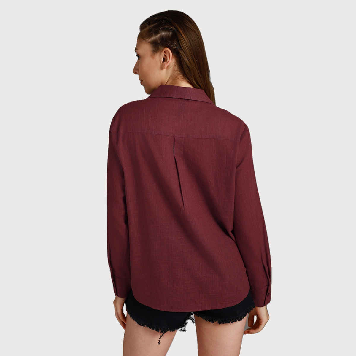 High Star Women's Spread Collar Long Sleeves Cotton Casual Shirt | Maroon - XL