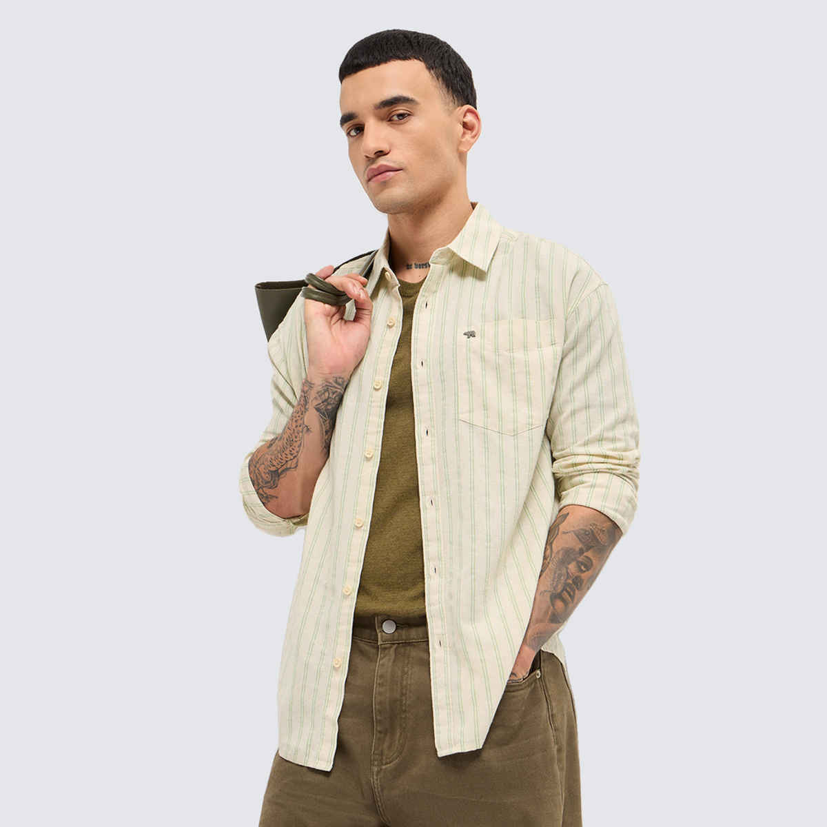 The Bear House Men's Vertical Striped Relaxed Fit Casual Shirt | Light Green - L