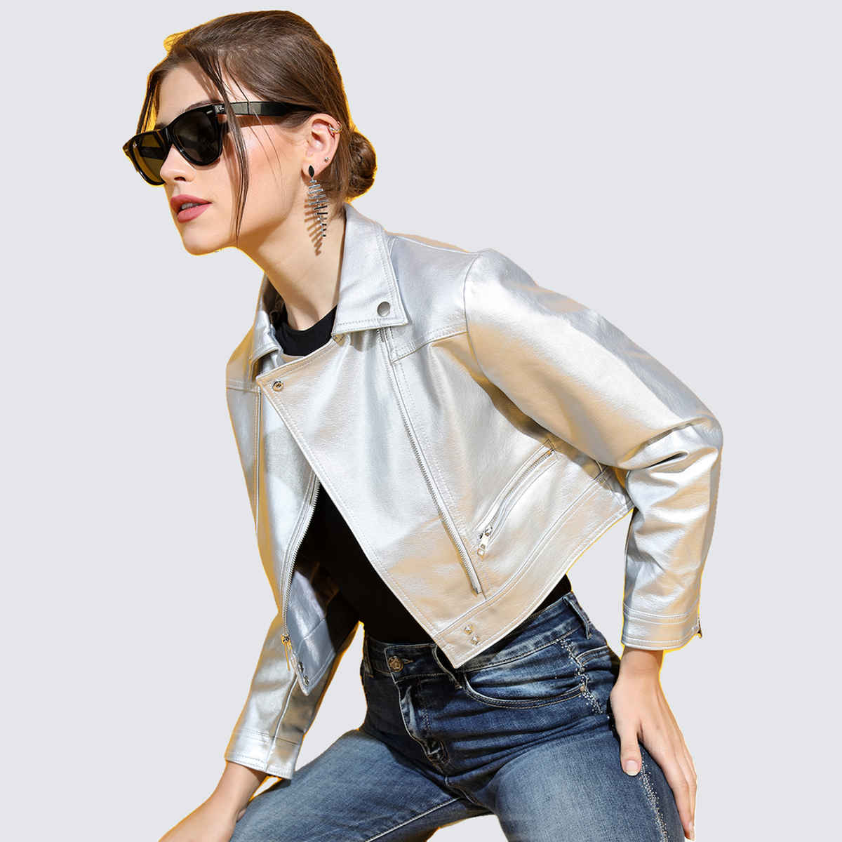 Tokyo Talkies Women's Crop Biker Jacket | Silver - S