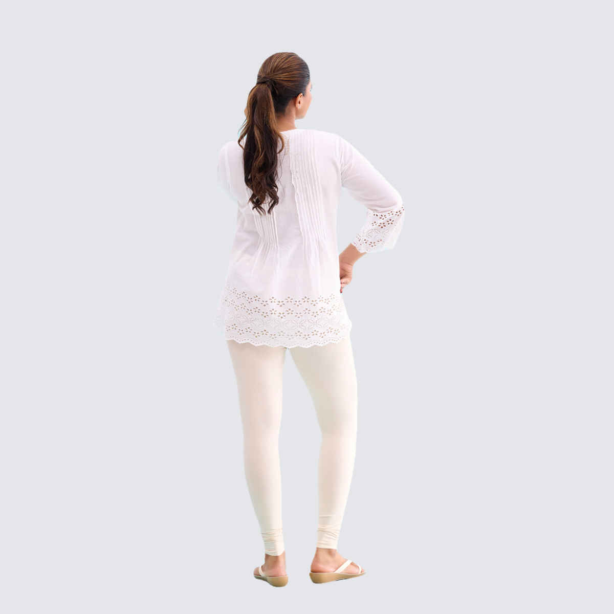 Go Colors Women's Solid Mid Rise Ankle Length Leggings | Ecru - L