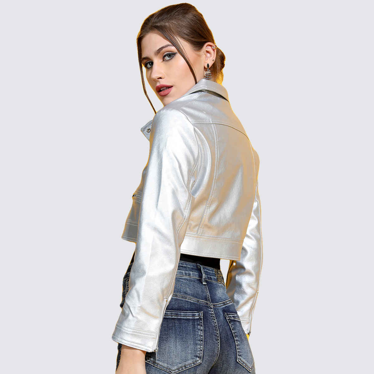 Tokyo Talkies Women's Crop Biker Jacket | Silver - XL