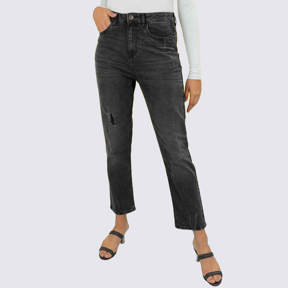 Freehand Women's Distressed Straight Fit Jeans | Grey - 32