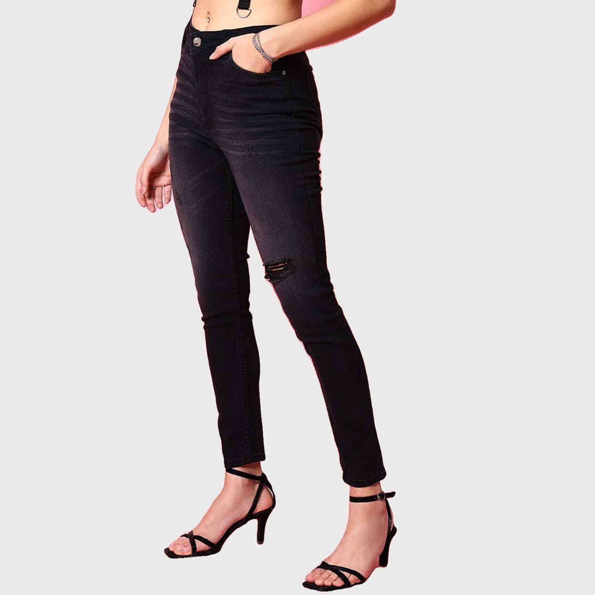 Freehand Women's Black Distressed Slim Fit Denim Jeans | Black - 30