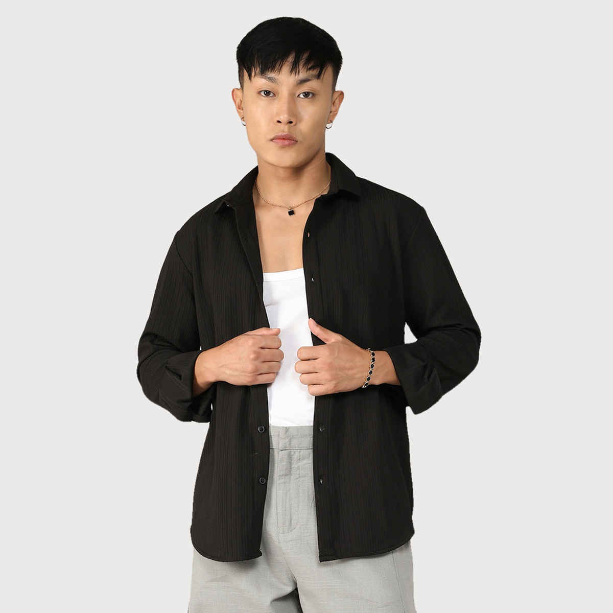 Campus Sutra Men's Stripe - Creased Shirt | Black - XL