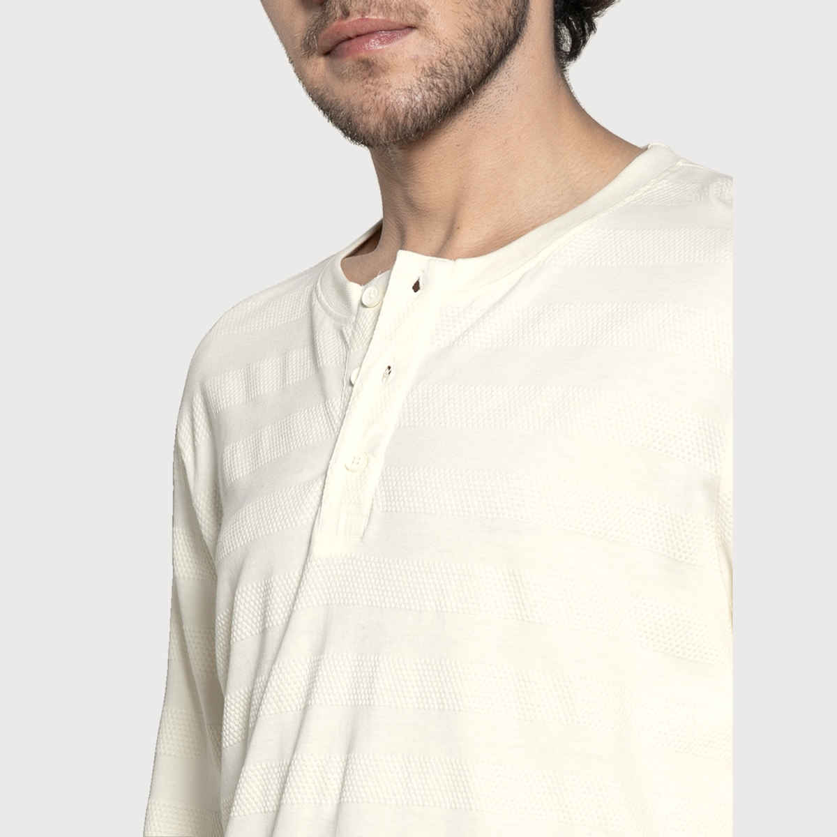 Dennis Lingo Men's Henley Neck Textured Full Sleeve T-shirt | White Ecru | M