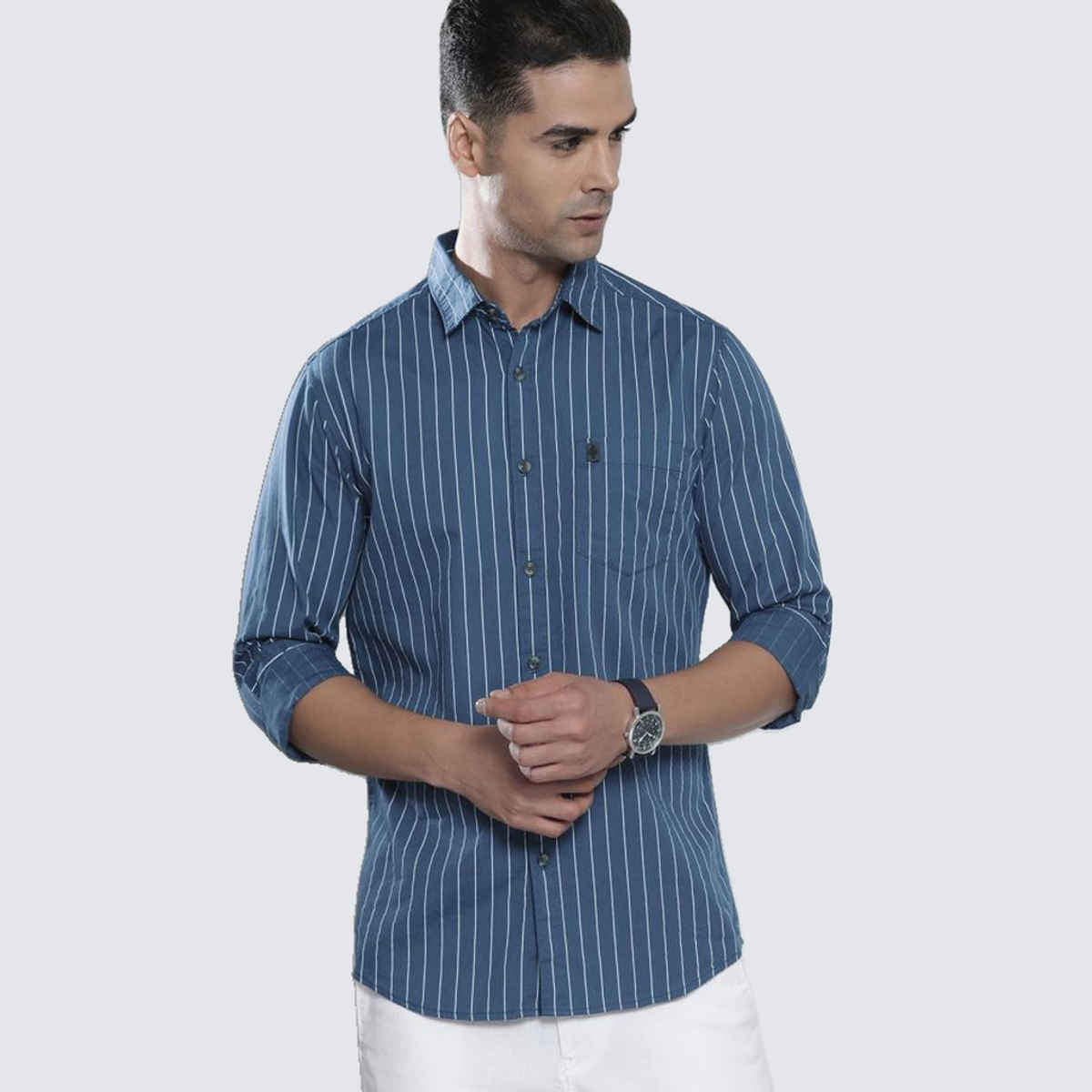 The Indian Garage Co Men's Regular Fit Striped Casual | Blue | L