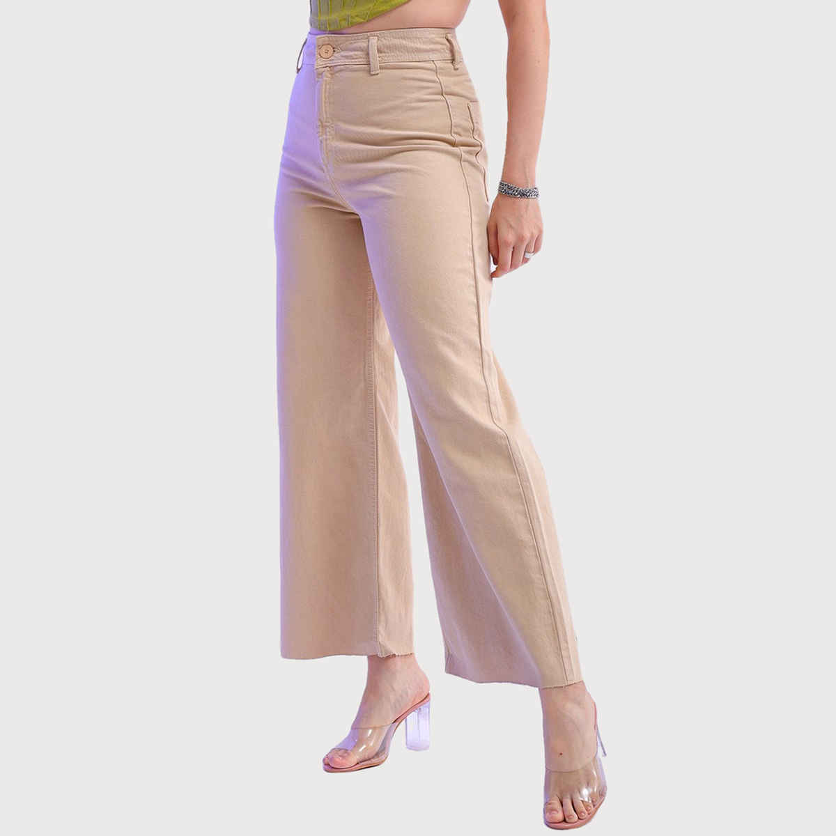 Freehand Women's Denim High Rise Bootcut Raw Edge Jeans | Beige - 30