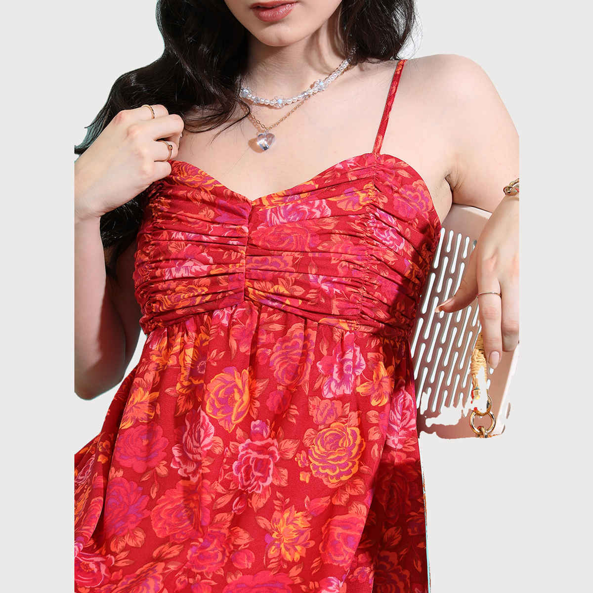 Tokyo Talkies Women's Floral Printed Fit and Flare Maxi Dress with Pleats | Red - S