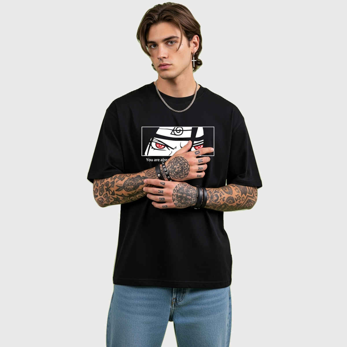 BENNY BROOKS Men's Round Neck half sleeve Oversized T-shirt |AA(ARN)BLACK129 | Black - XL