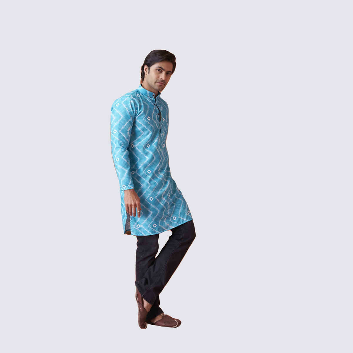 House Of Festivals Men's Printed Cotton Blend Tie & Die Look Long Kurta | Blue - XL