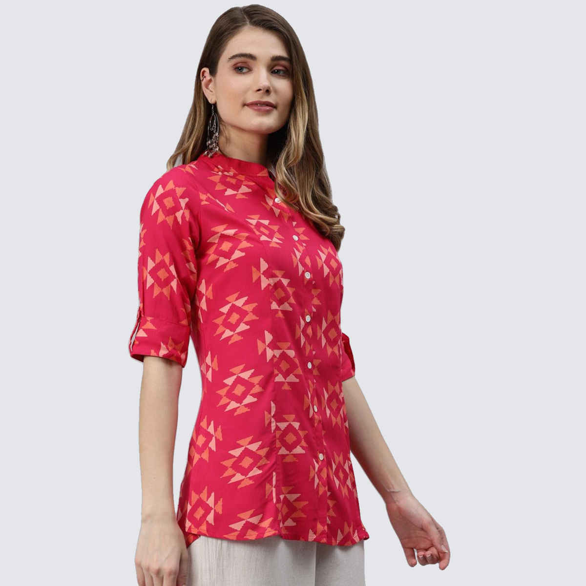 Divena Women's Geometric Print Rayon Shirt Style Top | DK0697 | Pink - S