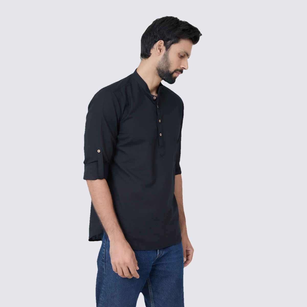 See Designs Men's Pure Cotton Slub Short Kurta | Black - S