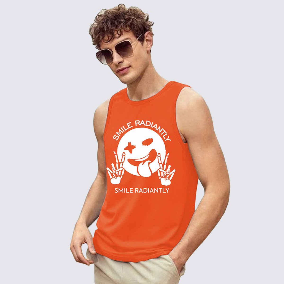 Chkokko Men Gym Regular Fit Tank Tops Sports Sleeveless Printed Vest Orange | Size M