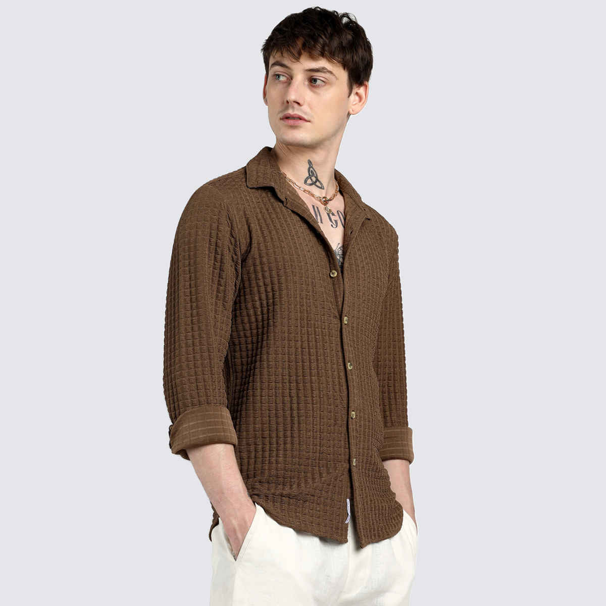 Campus Sutra Men's Cube-Textured Shirt | Brown - L