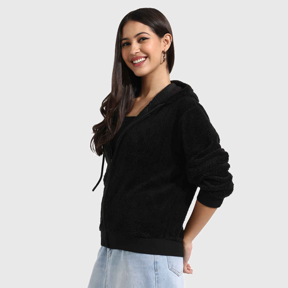 Campus Sutra Women's Fleece Hoodie with Zip-Closure | Black - M